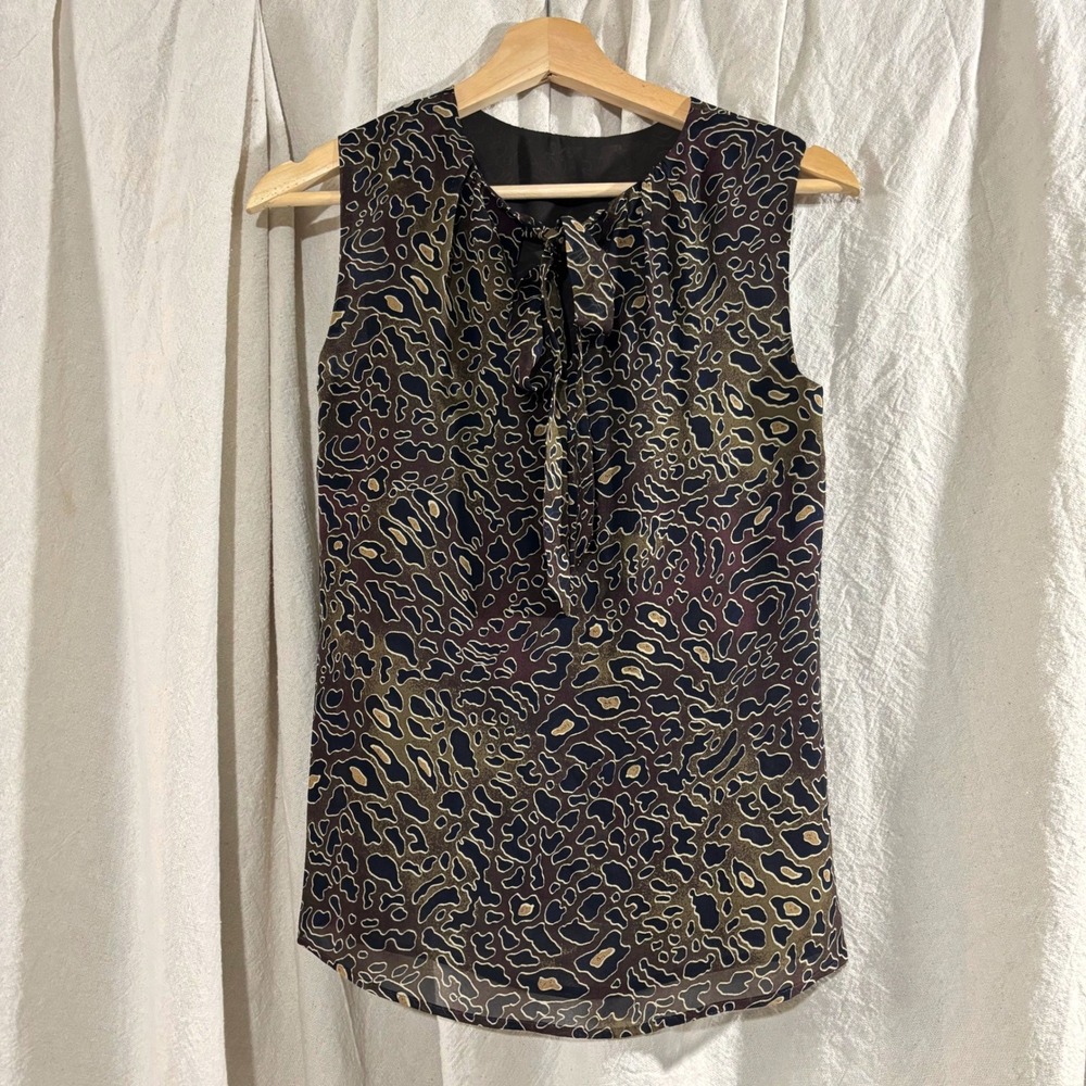 NWT Tory‎ Burch 100% Silk Tanya Top Abstract Leopard Tie Neck Blouse Size 0 - Picture 2 of 6